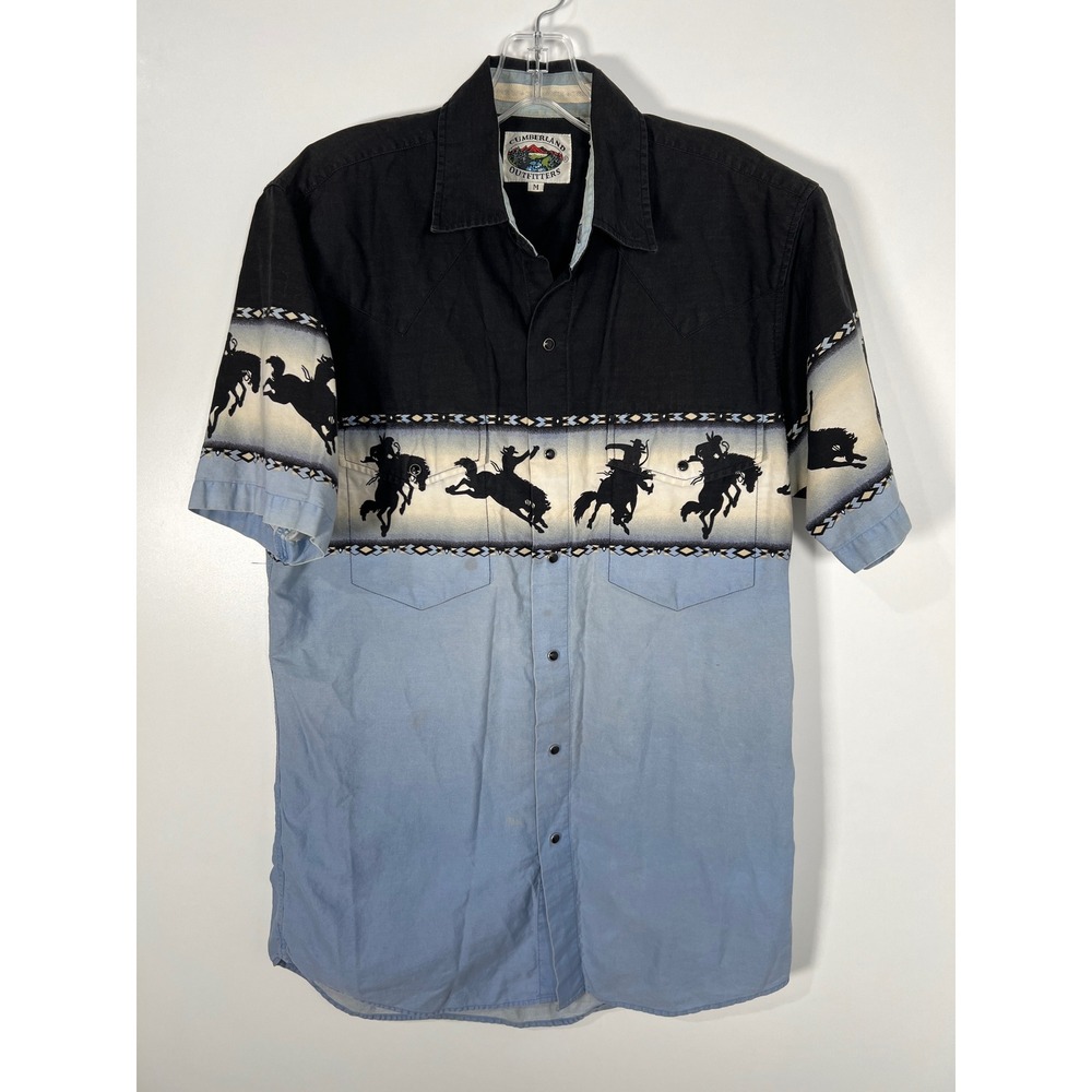Vintage Western Broncos Blue Black Western Pearl Snap Short Sleeve Shirt M